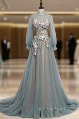 Blue Tulle Long Sleeve Appliques High Neck Evening Prom Dress