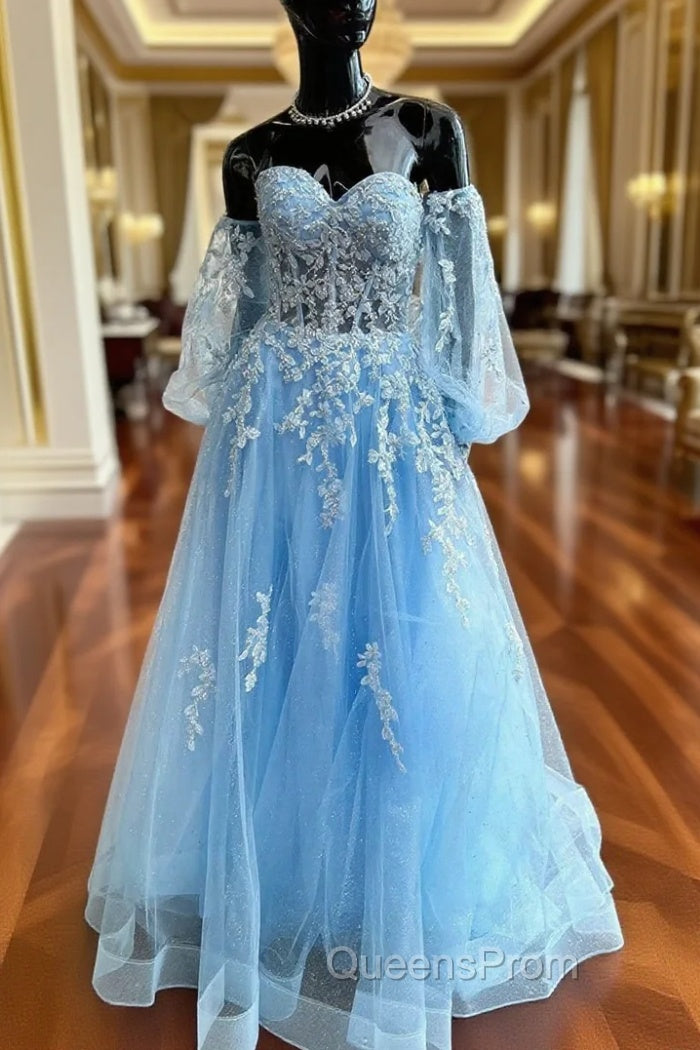 Blue Tulle Long Sleeve Appliques Evening Prom Dress