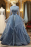 Blue Tulle Long Sleeve Backless Beading Evening Prom Dress