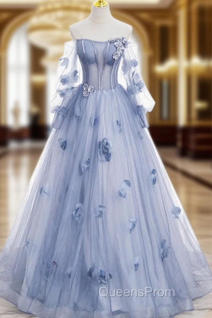 Blue Tulle Long Sleeve Flower Evening Prom Dress