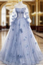 Blue Tulle Long Sleeve Flower Evening Prom Dress
