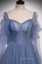 Blue Tulle Long Sleeve Evening Prom Dress, A-Line Blue Evening Party Dress