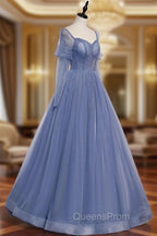 Blue Tulle Long Sleeve Evening Prom Dress, A-Line Blue Evening Party Dress