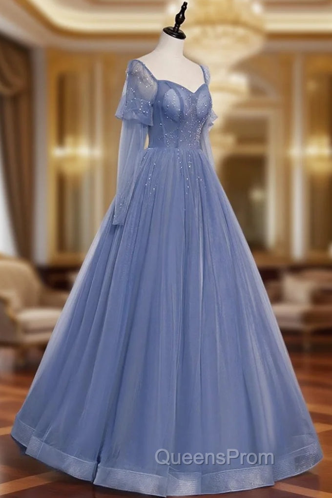 Blue Tulle Long Sleeve Evening Prom Dress, A-Line Blue Evening Party Dress
