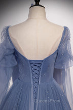 Blue Tulle Long Sleeve Evening Prom Dress, A-Line Blue Evening Party Dress