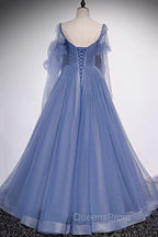 Blue Tulle Long Sleeve Evening Prom Dress, A-Line Blue Evening Party Dress
