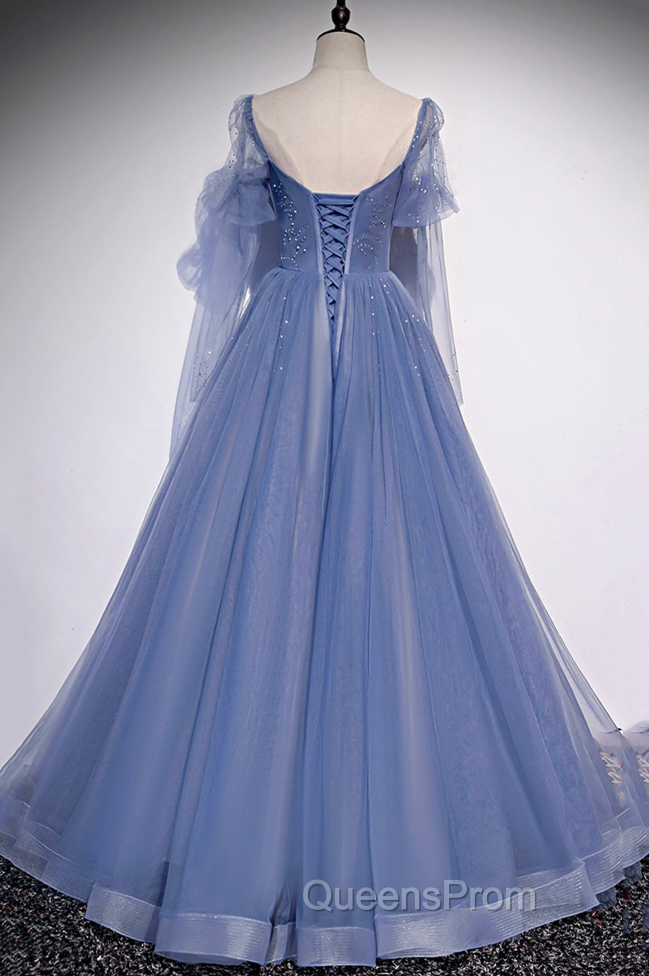 Blue Tulle Long Sleeve Evening Prom Dress, A-Line Blue Evening Party Dress