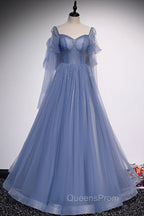 Blue Tulle Long Sleeve Evening Prom Dress, A-Line Blue Evening Party Dress