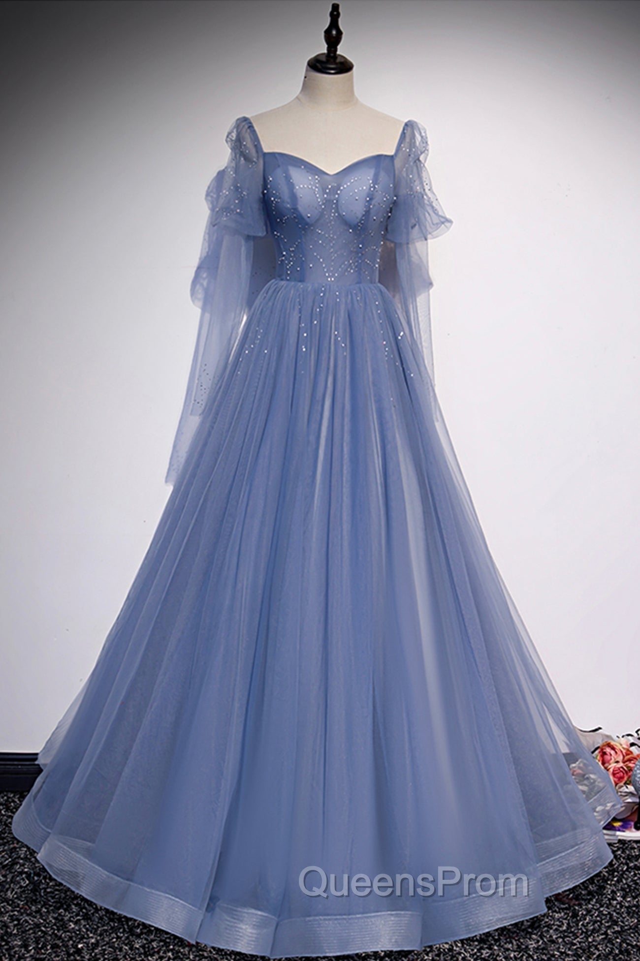 Blue Tulle Long Sleeve Evening Prom Dress, A-Line Blue Evening Party Dress
