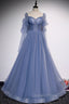 Blue Tulle Long Sleeve Evening Prom Dress, A-Line Blue Evening Party Dress