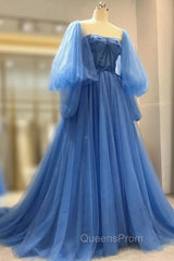 Blue Tulle Long Sleeve Evening Prom Dress, A-Line Tulle Evening Dress