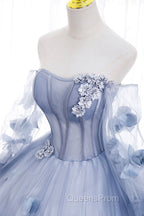 Blue Tulle Long Sleeves Evening Dress with Flowers, Blue A-Line Evening Prom Dress
