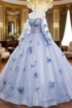 Blue Tulle Long Sleeves Evening Dress with Flowers, Blue A-Line Evening Prom Dress