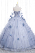 Blue Tulle Long Sleeves Evening Dress with Flowers, Blue A-Line Evening Prom Dress