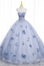 Blue Tulle Long Sleeves Evening Dress with Flowers, Blue A-Line Evening Prom Dress