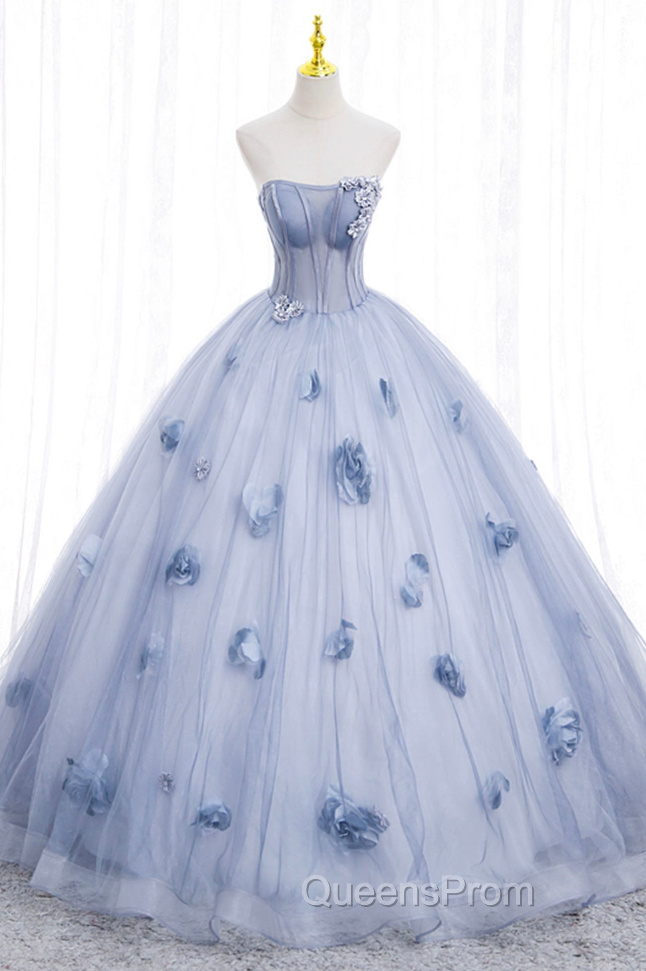 Blue Tulle Long Sleeves Evening Dress with Flowers, Blue A-Line Evening Prom Dress