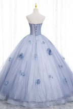 Blue Tulle Long Sleeves Evening Dress with Flowers, Blue A-Line Evening Prom Dress