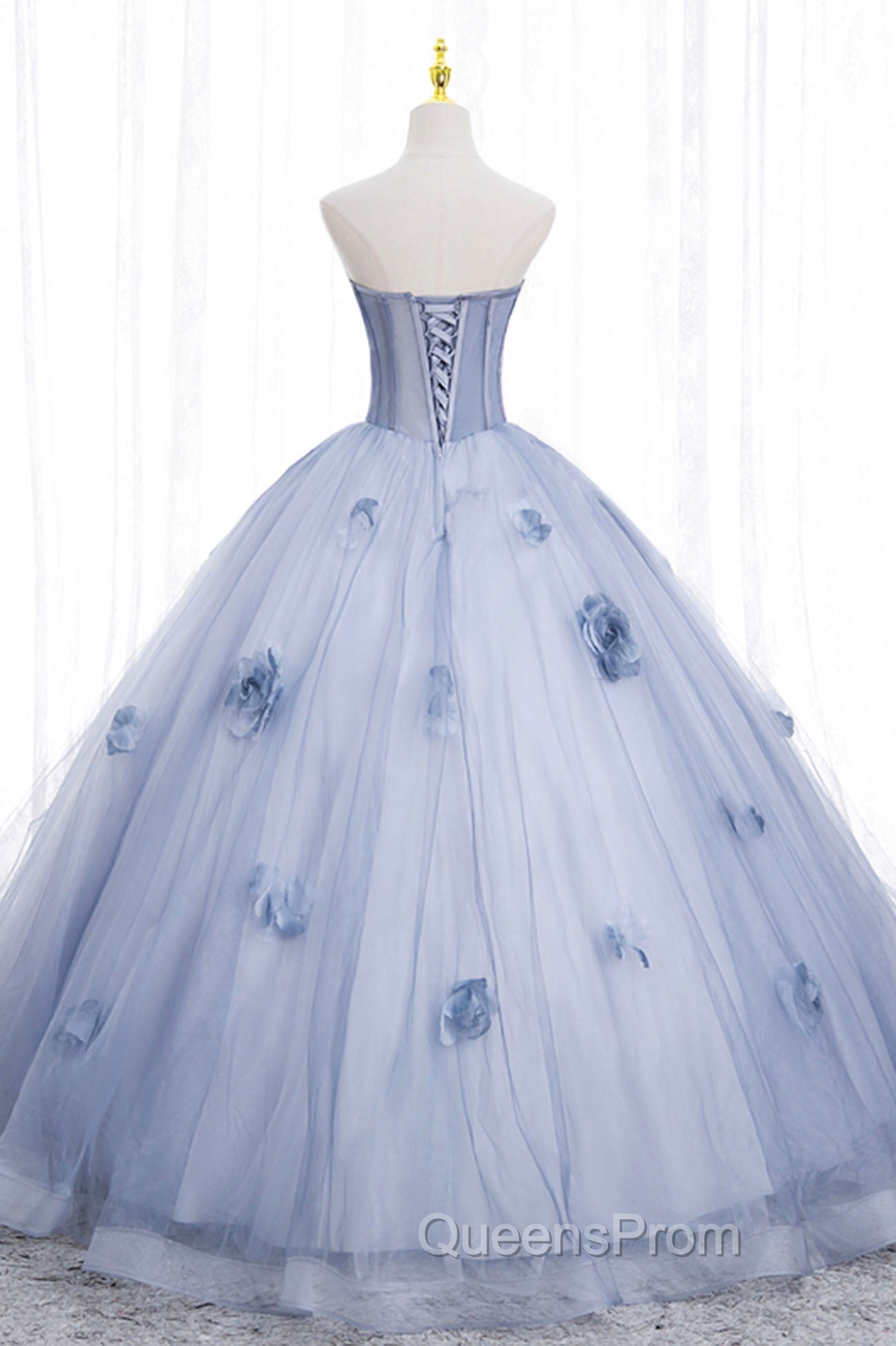 Blue Tulle Long Sleeves Evening Dress with Flowers, Blue A-Line Evening Prom Dress
