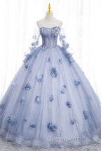 Blue Tulle Long Sleeves Evening Dress with Flowers, Blue A-Line Evening Prom Dress