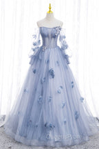 Blue Tulle Long Sleeves Evening Dress with Flowers, Blue A-Line Evening Prom Dress