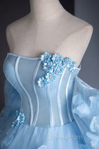 Blue Tulle Long Sleeves Evening Dress with Flowers, Blue A-Line Evening Prom Party Dress
