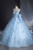 Blue Tulle Long Sleeves Evening Dress with Flowers, Blue A-Line Evening Prom Party Dress