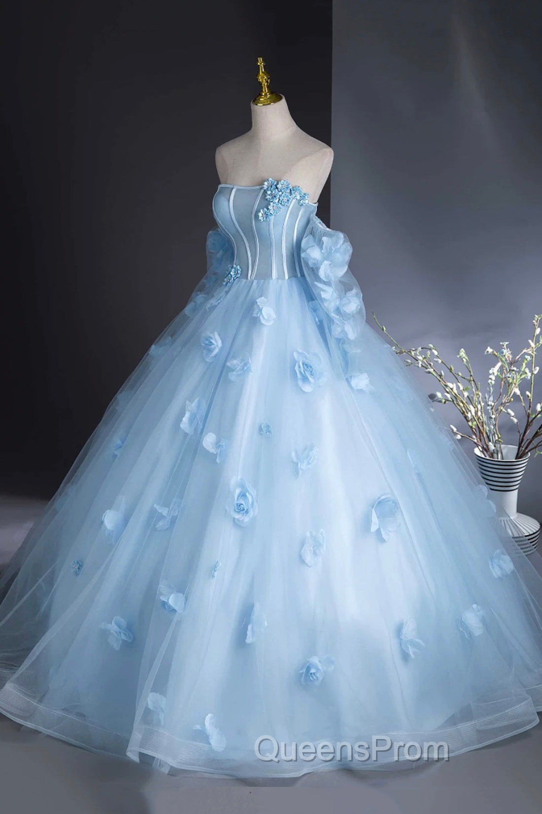 Blue Tulle Long Sleeves Evening Dress with Flowers, Blue A-Line Evening Prom Party Dress