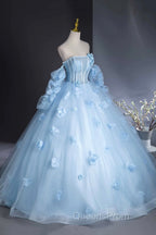Blue Tulle Long Sleeves Evening Dress with Flowers, Blue A-Line Evening Prom Party Dress