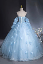 Blue Tulle Long Sleeves Evening Dress with Flowers, Blue A-Line Evening Prom Party Dress