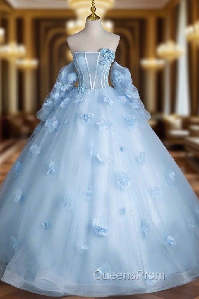 Blue Tulle Long Sleeves Evening Dress with Flowers, Blue A-Line Evening Prom Party Dress Main image