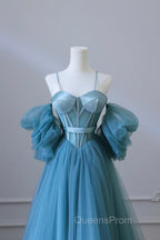 Blue Tulle Long Spaghetti Strap Evening Prom Dress and Corset, Detachable off Shoulder Party Dress