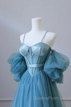 Blue Tulle Long Spaghetti Strap Evening Prom Dress and Corset, Detachable off Shoulder Party Dress
