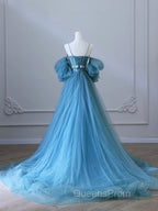 Blue Tulle Long Spaghetti Strap Evening Prom Dress and Corset, Detachable off Shoulder Party Dress