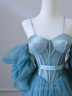 Blue Tulle Long Spaghetti Strap Evening Prom Dress and Corset, Detachable off Shoulder Party Dress
