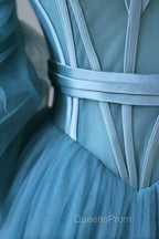Blue Tulle Long Spaghetti Strap Evening Prom Dress and Corset, Detachable off Shoulder Party Dress