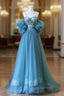 Blue Tulle Long Spaghetti Strap Evening Prom Dress and Corset, Detachable off Shoulder Party Dress