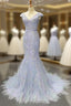 Blue Tulle Mermaid Deep V-neck Backless Evening Prom Dress With Beading