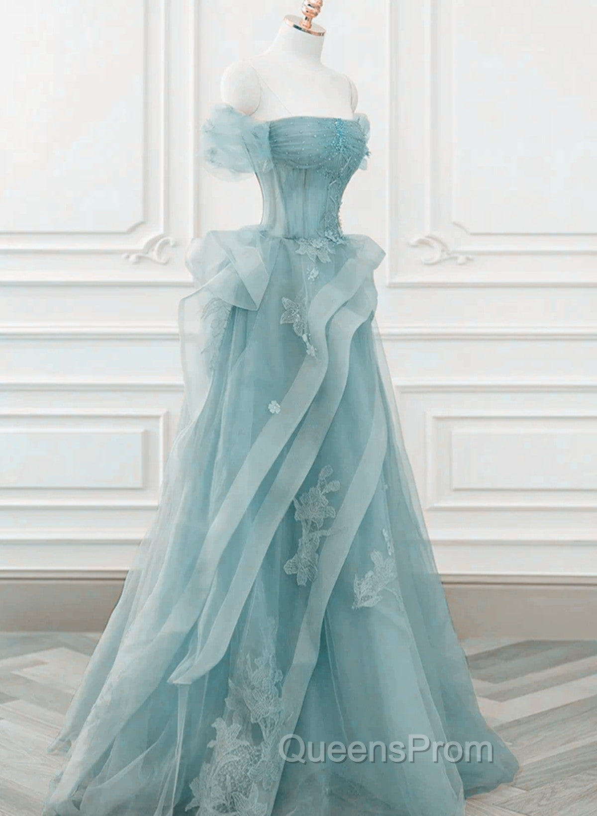 Blue Tulle Off Shoulder Beaded Lace Long Evening Prom Dress, Blue Evening Dress Secondary image