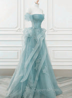 Blue Tulle Off Shoulder Beaded Lace Long Evening Prom Dress, Blue Evening Dress