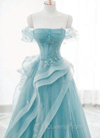 Blue Tulle Off Shoulder Beaded Lace Long Evening Prom Dress, Blue Evening Dress