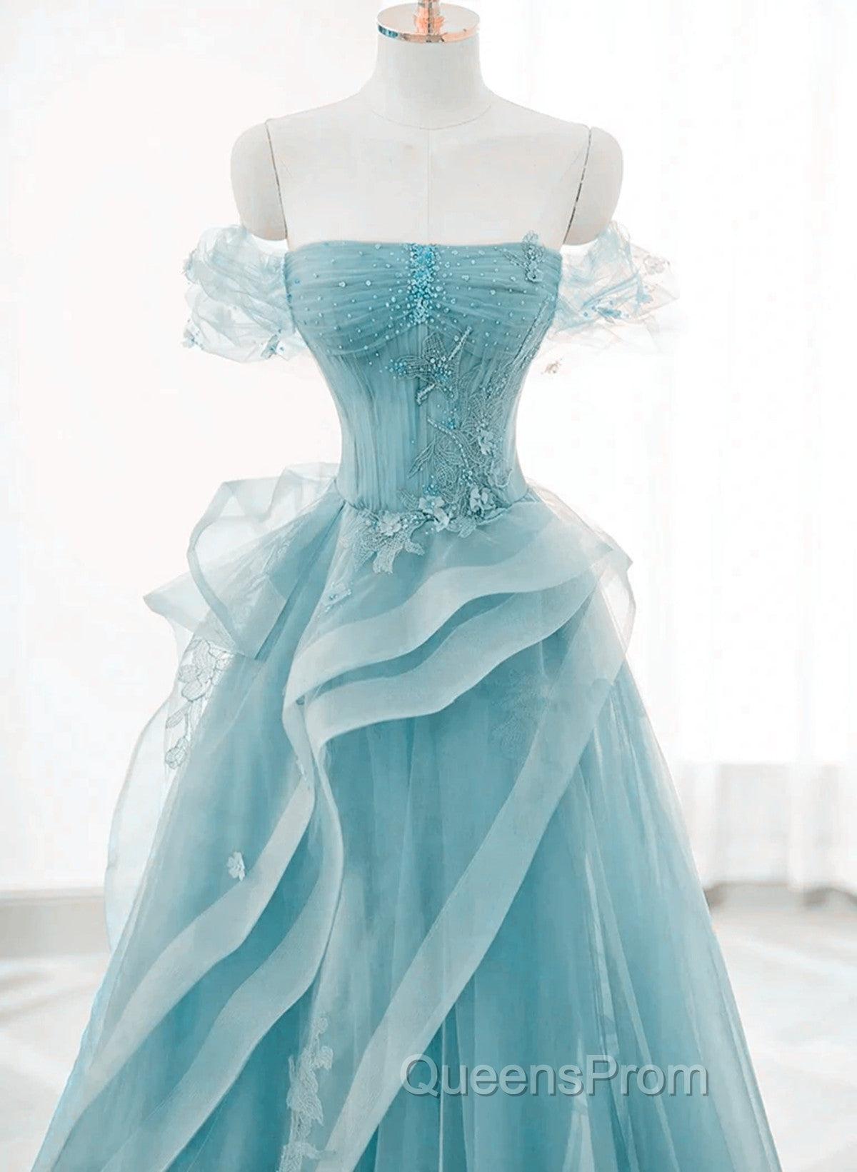 Blue Tulle Off Shoulder Beaded Lace Long Evening Prom Dress, Blue Evening Dress