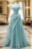Blue Tulle Off Shoulder Beaded Lace Long Evening Prom Dress, Blue Evening Dress