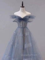 Blue Tulle Off Shoulder Long Evening Prom Dress, Blue A line Evening Dress