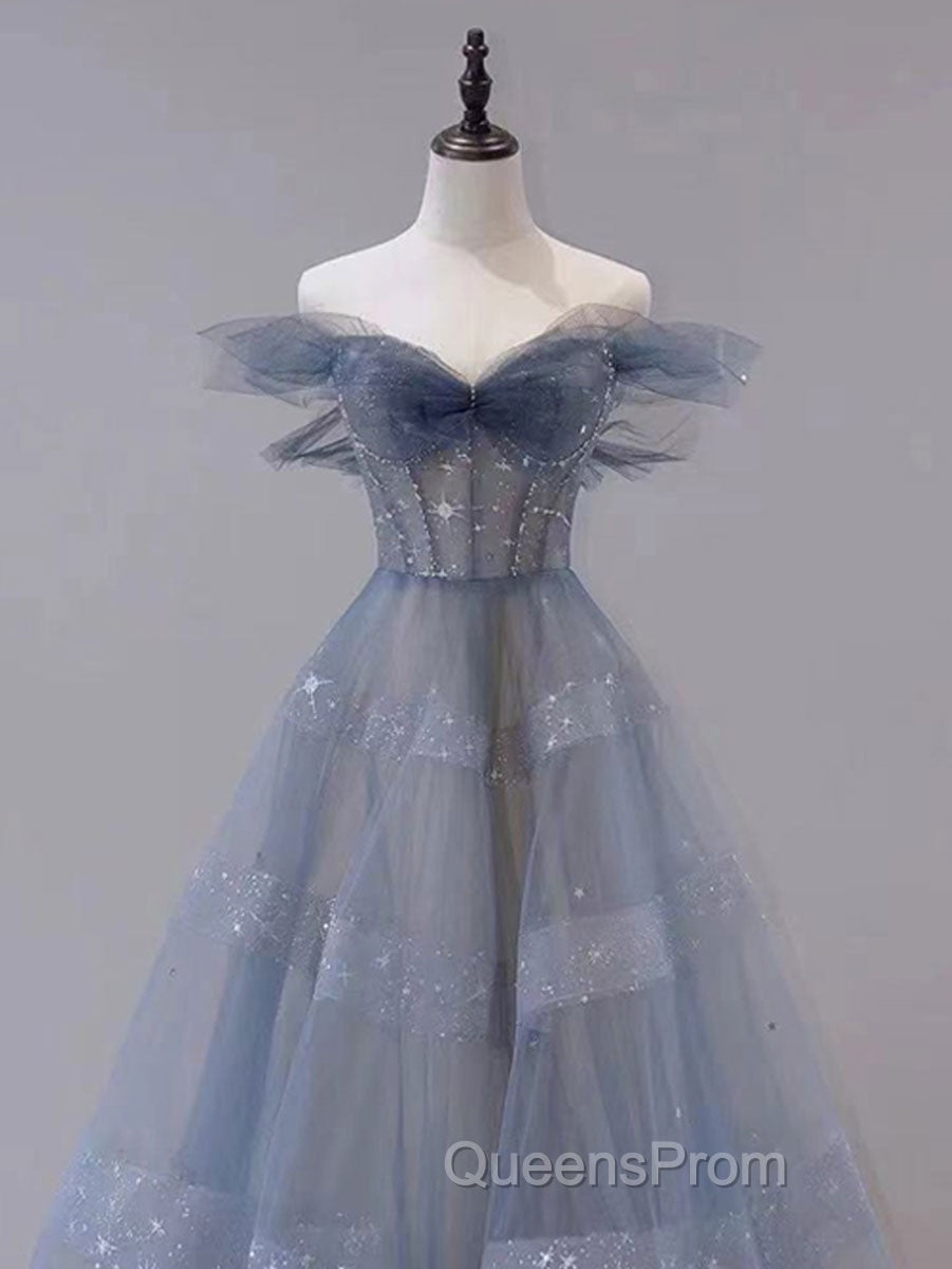 Blue Tulle Off Shoulder Long Evening Prom Dress, Blue A line Evening Dress