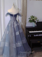 Blue Tulle Off Shoulder Long Evening Prom Dress, Blue A line Evening Dress