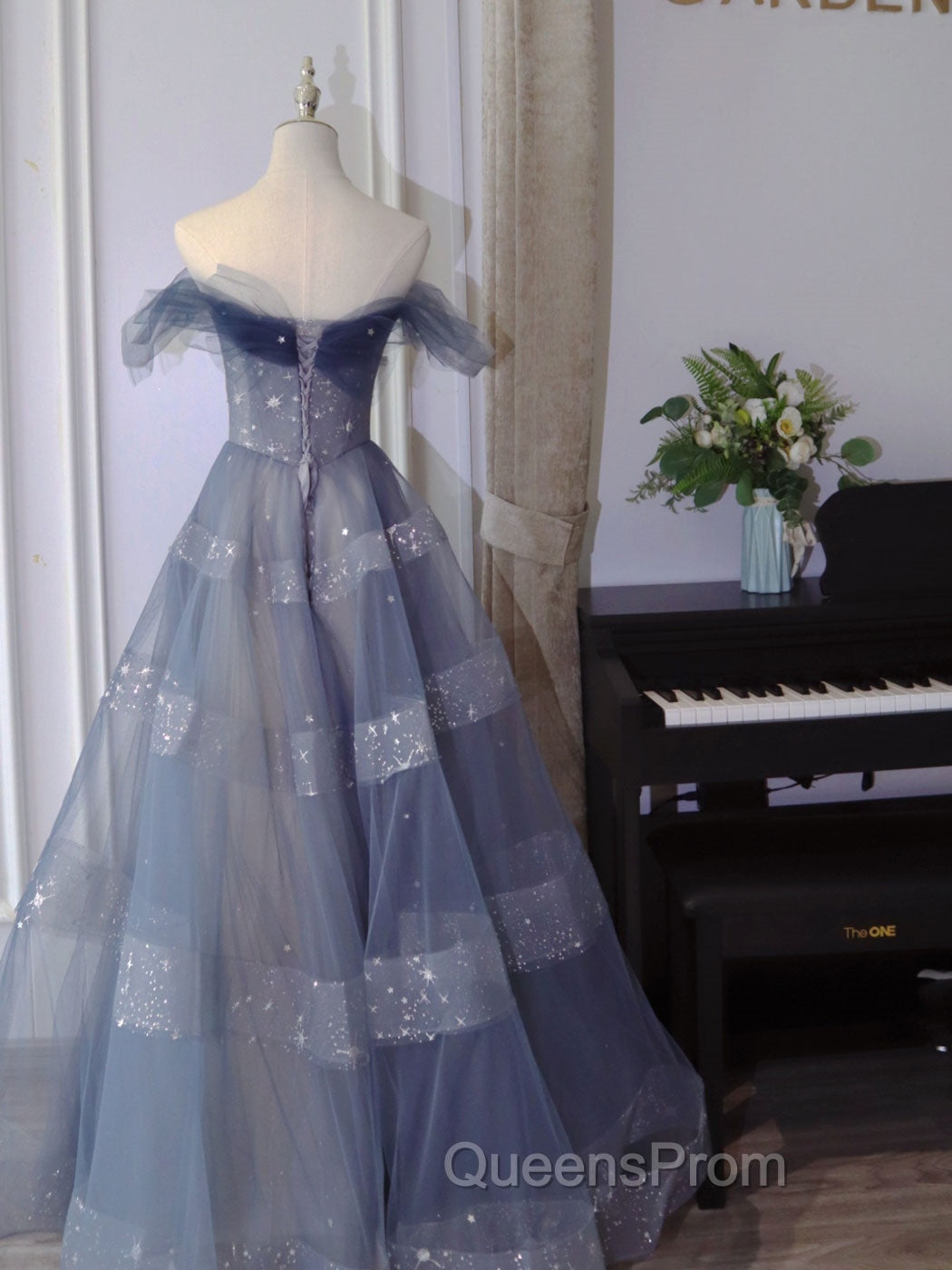 Blue Tulle Off Shoulder Long Evening Prom Dress, Blue A line Evening Dress