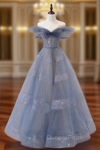 Blue Tulle Off Shoulder Long Evening Prom Dress, Blue A line Evening Dress