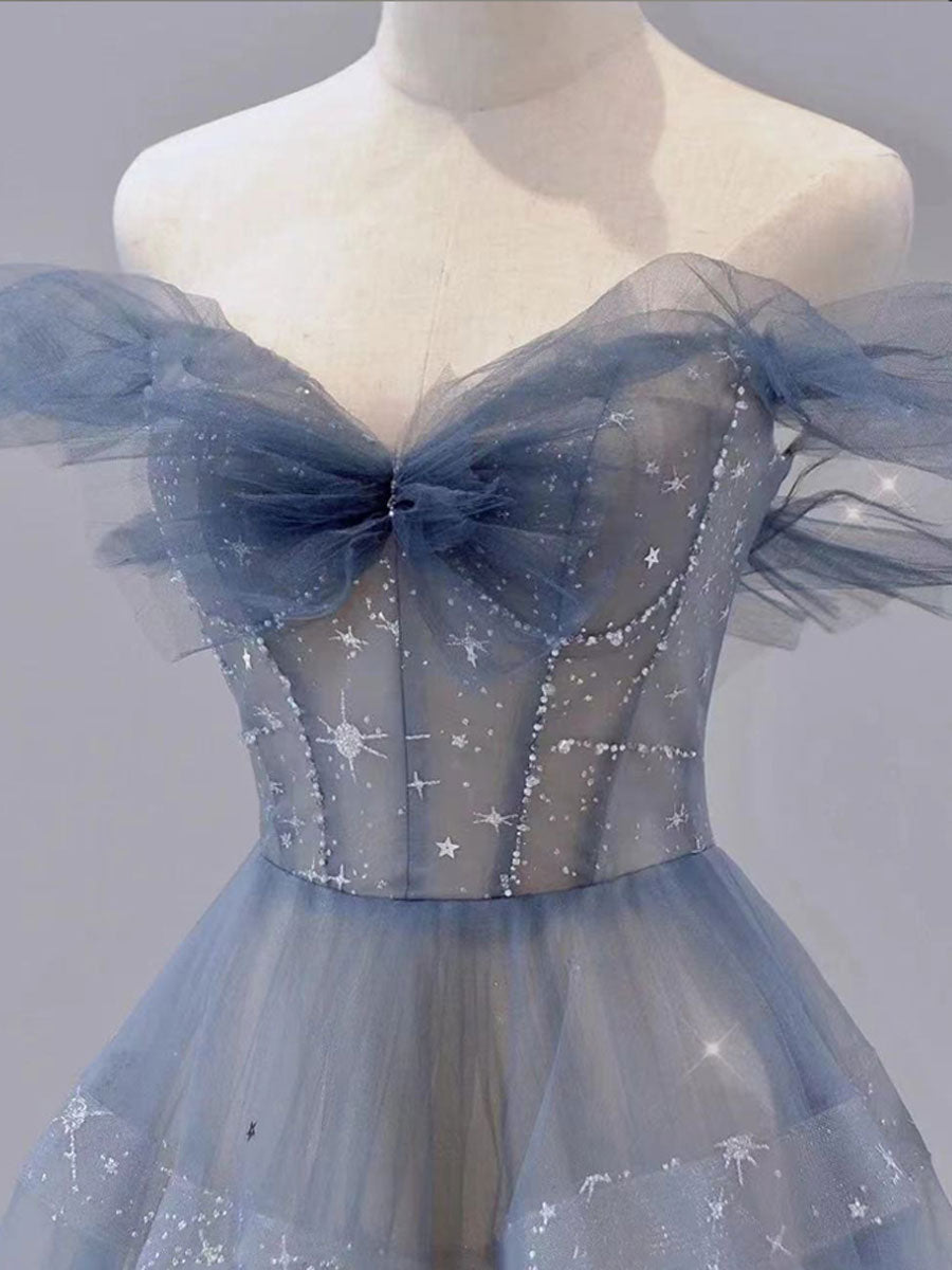 Blue Tulle Off Shoulder Long Classy Prom Dress, Blue Tulle Classy Dress Secondary image