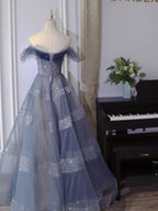 Blue Tulle Off Shoulder Long Classy Prom Dress, Blue Tulle Classy Dress