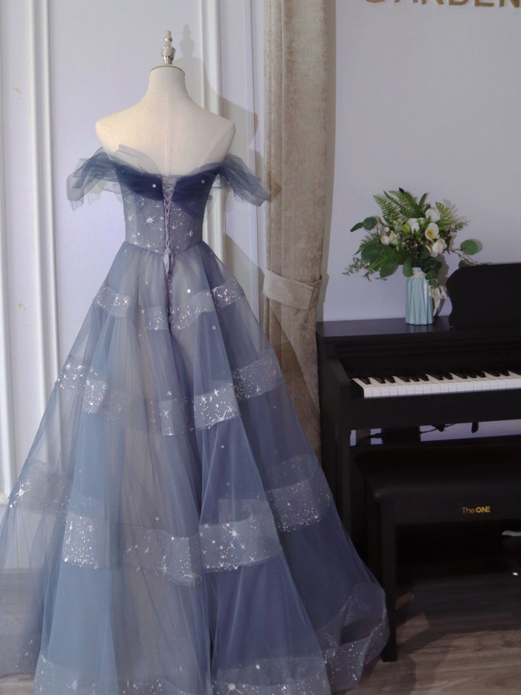 Blue Tulle Off Shoulder Long Classy Prom Dress, Blue Tulle Classy Dress